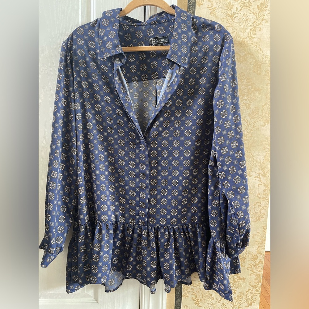 DG2 by Diane Gilman Blue Ruffle Hem Peplum Blouse - Size 1X